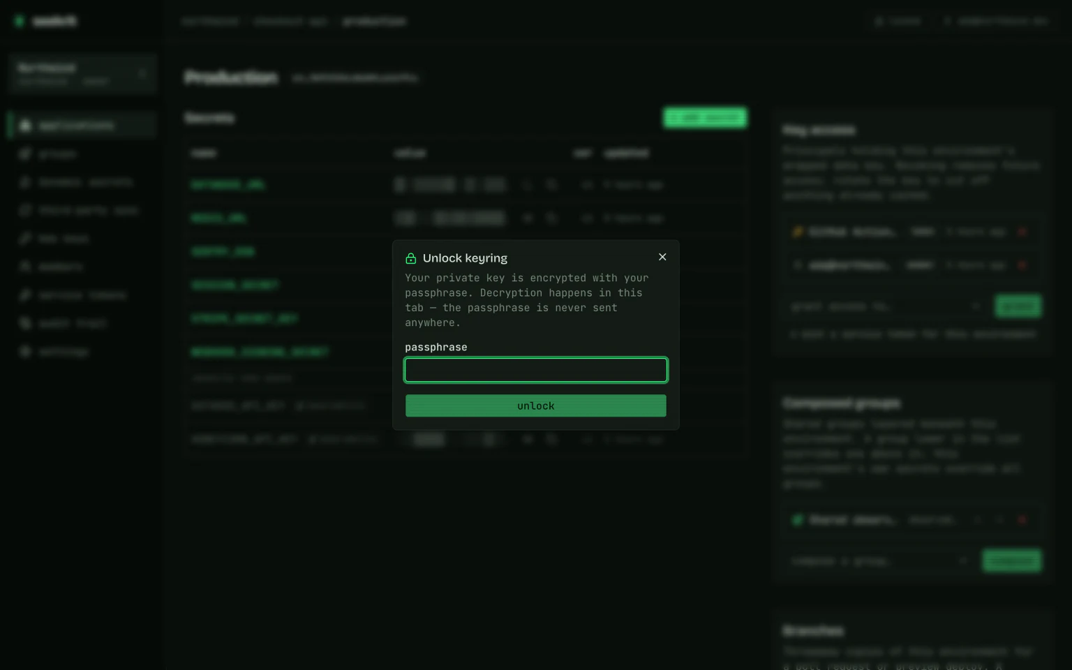 The unlock keyring dialog over a secrets table whose values are still redacted